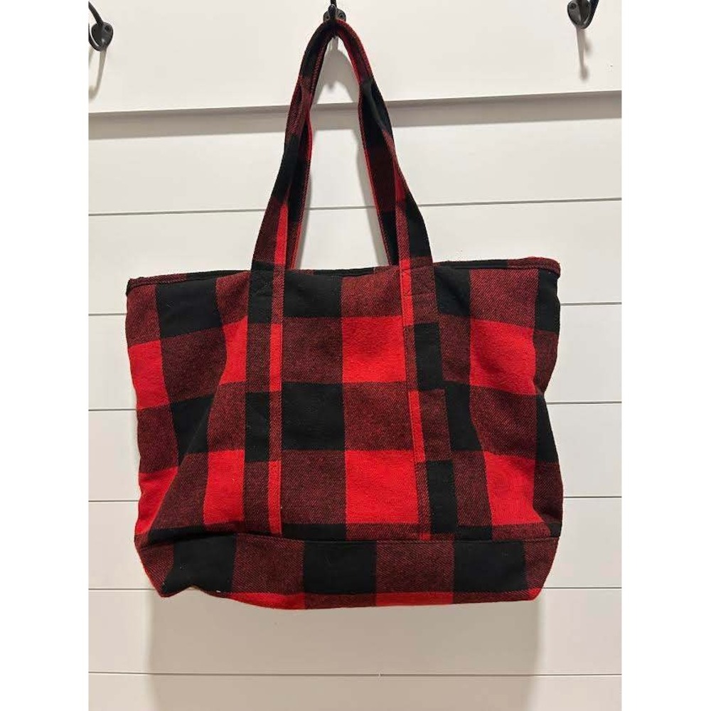 Old Navy Red Black Buffalo Plaid Sherpa Lined Tote Bag Zipper Closure Large - Picture 3 of 9
